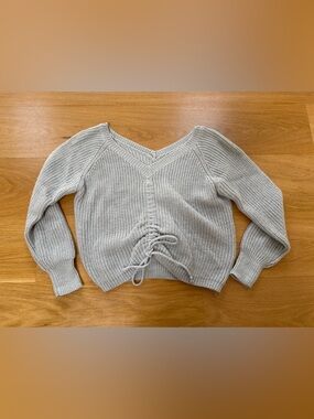 Light Gray V-Neck Ruched Knit Sweater